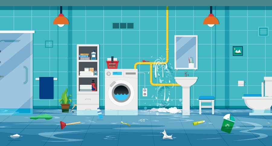 Illustration of flooding bathroom due to a leaky pipe